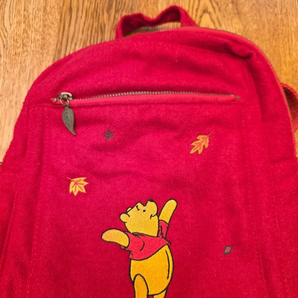 Disney Store Winnie the Pooh Red Felt Embroidered Fall Leaves Mini Backpack Bag
